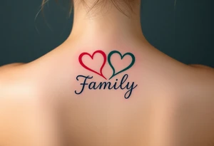 Colorful heart-shaped infinity loop endings, and the word "family" elegantly placed at the center in a soft script tattoo idea