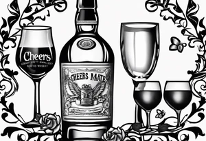 Cheers Mate text, armband +Cancer Ribbon  + bourbon whiskey glass tattoo idea