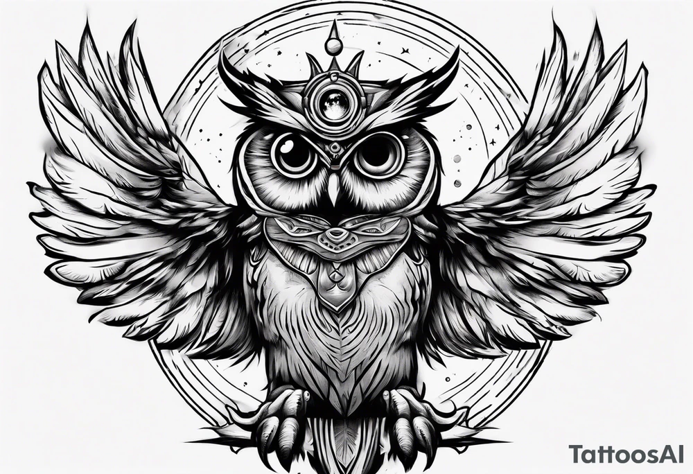 Wise Crowned Owl with the third eye flying towards the Dark Moon. tattoo idea