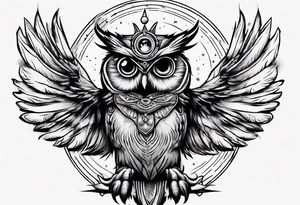 Wise Crowned Owl with the third eye flying towards the Dark Moon. tattoo idea