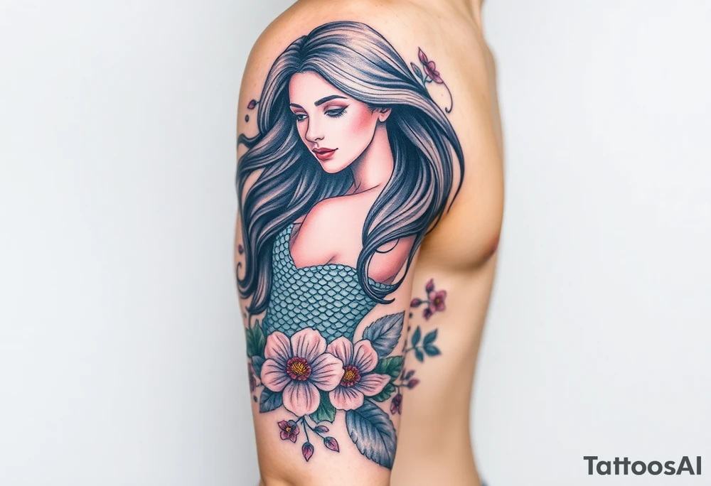 ethereal mermaid with flowing hair among coral and sea flowers tattoo idea