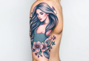 ethereal mermaid with flowing hair among coral and sea flowers tattoo idea