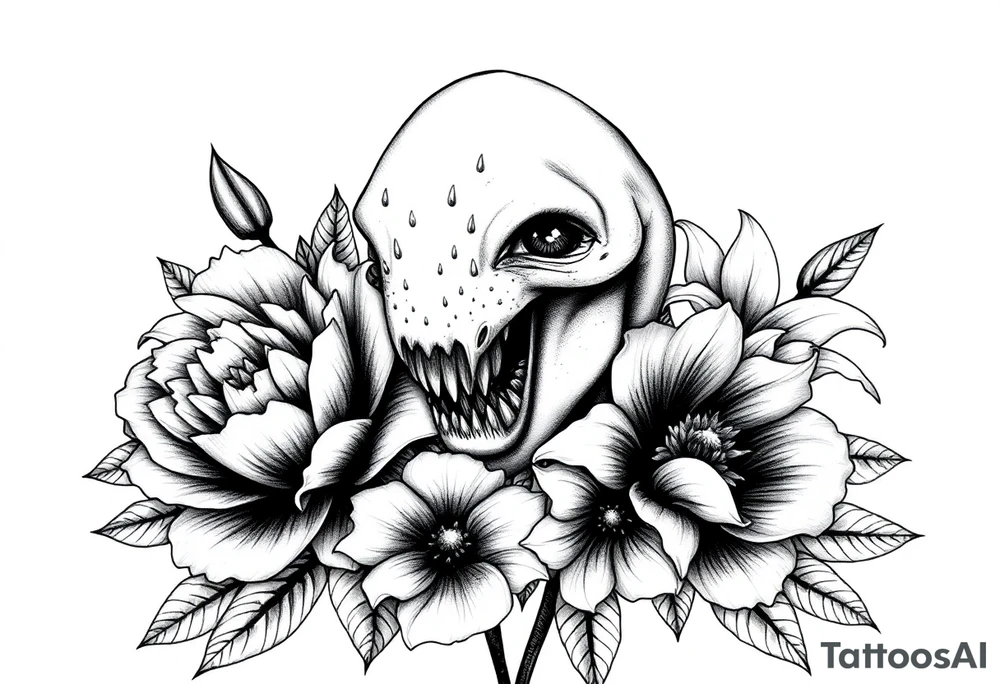 peonies and lilies with medusa head tattoo idea