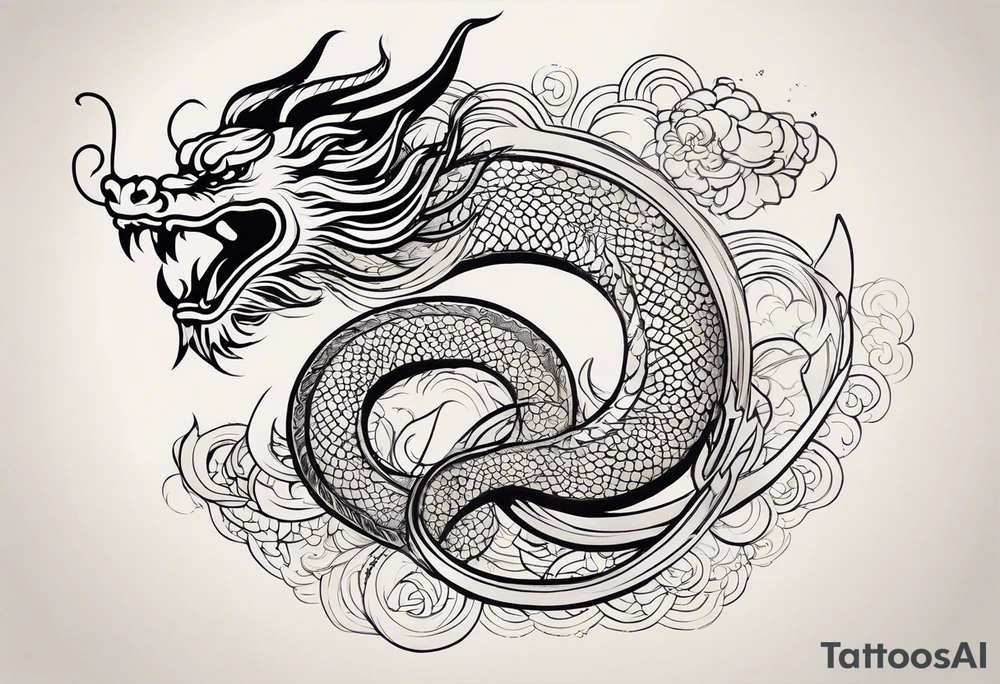 Create a detailed sketch of a Chinese dragon tattoo. The dragon should be depicted in a dynamic, serpentine pose, with its body coiled and flowing gracefully. Emphasize its ornate features: long, sinuous body covered in intricate scales, powerful claws, and a fierce, expressive face with prominent whiskers and a beard. Include traditional Chinese elements like clouds or waves to enhance the composition. Use clean lines and bold shading to ensure the design is suitable for a tattoo, with a focus on capturing the dragon's majestic and mythical qualities tattoo idea