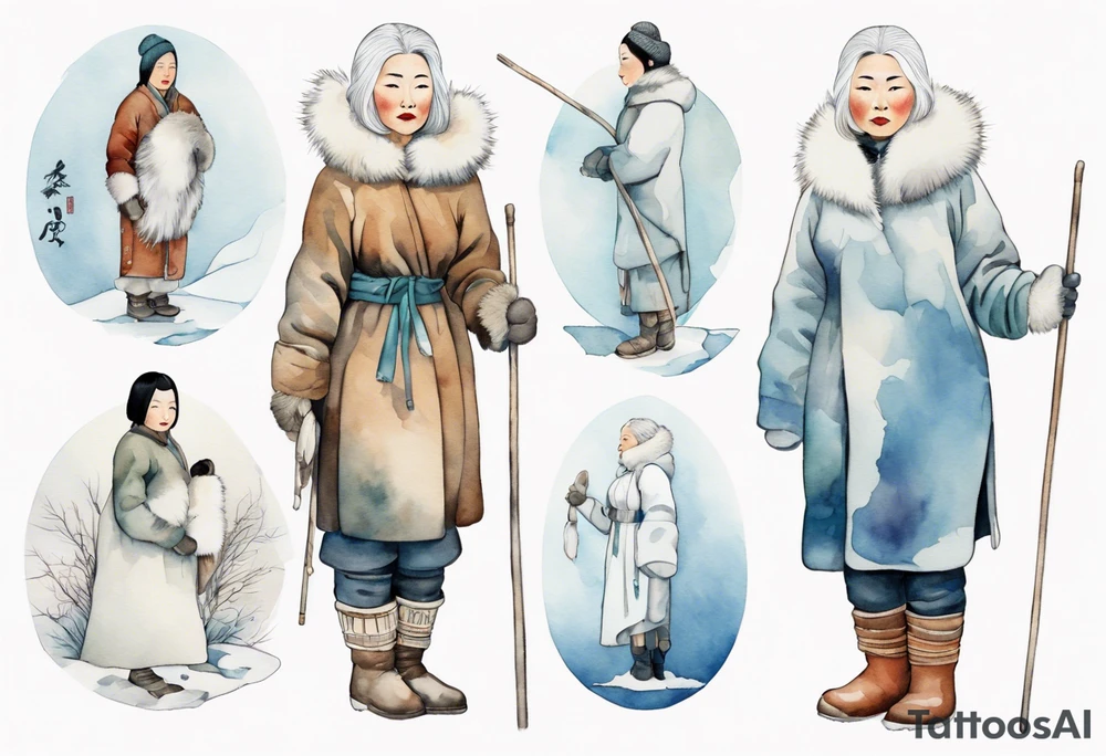 a middle aged Inuit woman with white hair, wearing fur mittens, holding a white staff, wearing mukluks, standing on an iceberg tattoo idea