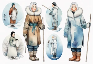 a middle aged Inuit woman with white hair, wearing fur mittens, holding a white staff, wearing mukluks, standing on an iceberg tattoo idea