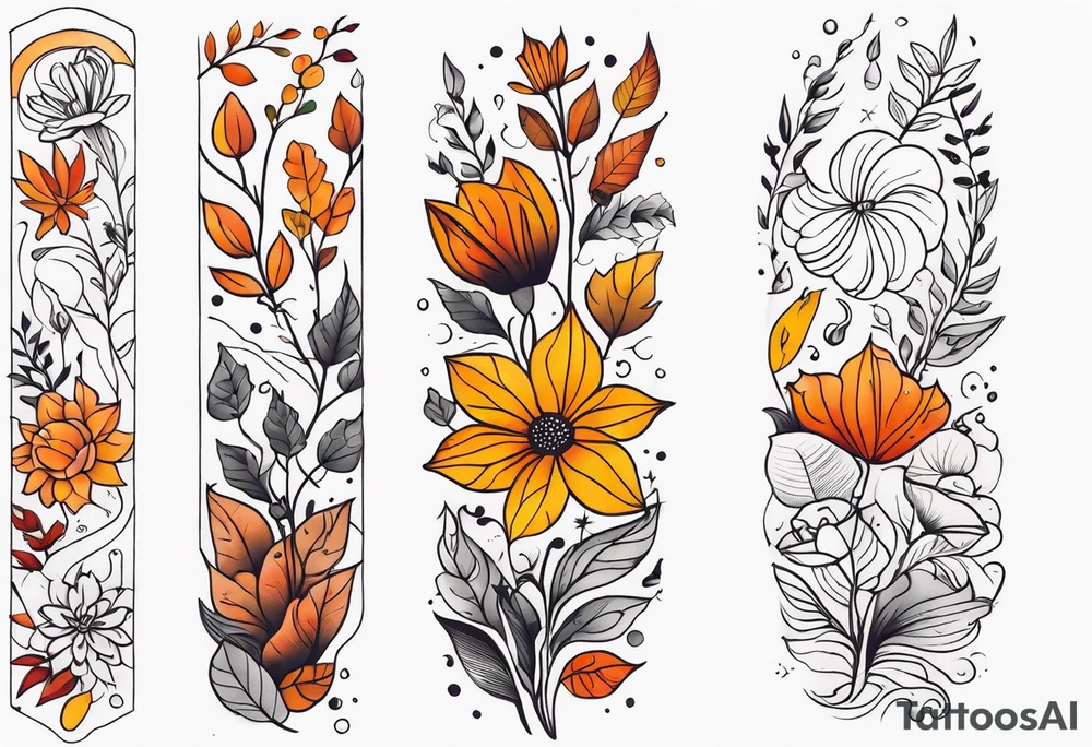 Full arm sleeve with fall colors, flowers, water, leaves and various shapes tattoo idea