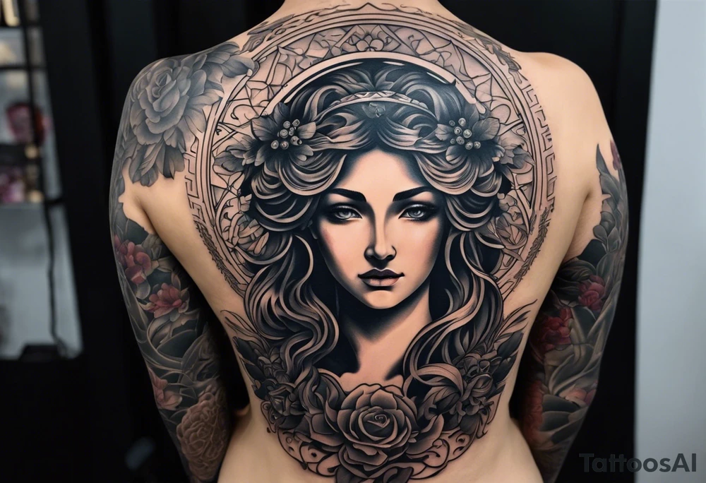A full tattoo sleeve inspired by Greek mythology, featuring a dark and moody aesthetic with extensive shading. The centerpiece of the sleeve is the Greek goddess Aphrodite, depicted with classical beauty and grace, surrounded by intricate details that emphasize her divine nature. Her flowing hair and robes blend seamlessly into the surrounding elements. Incorporate a mandala effect around Aphrodite, with the mandala patterns subtly woven into the design, adding layers of complexity and depth. The overall theme should be dark, with heavy shading to create a dramatic contrast, evoking a sense of ancient mystery and reverence. The sleeve should also include other mythological elements such as laurel wreaths, classical columns, or ocean waves, to complement Aphrodite’s story and enrich the overall design. tattoo idea