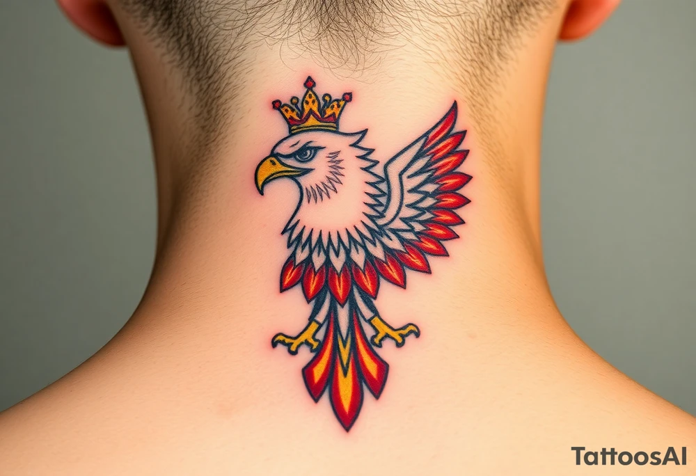 A majestic red and white Moravian eagle with golden crown on its head with intricate tribal patterns tattoo idea