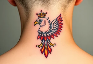 A majestic red and white Moravian eagle with golden crown on its head with intricate tribal patterns tattoo idea