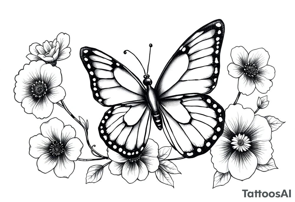 butterfly with one wing side  birth flowers around (February birth flower, March birth flower, april birth flower, august birth flower, november birth flowe, september birth flower, december birth flower) tattoo idea