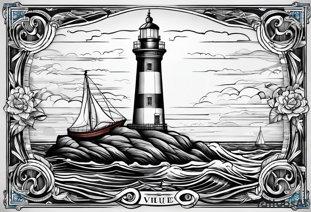 voilier vue de face. phare maritime fixé au centre du voilier et utilisé comme un mat pour les voiles. tattoo idea