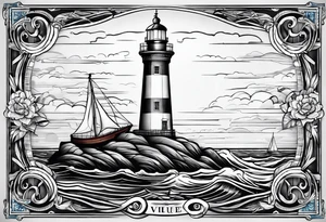 voilier vue de face. phare maritime fixé au centre du voilier et utilisé comme un mat pour les voiles. tattoo idea