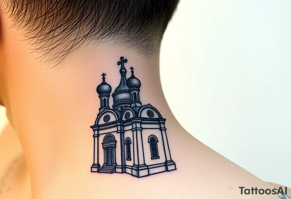 medium sized Russian orthodox church with bulb domes with a prominent russian orthodox mosaic tattoo idea