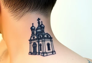 medium sized Russian orthodox church with bulb domes with a prominent russian orthodox mosaic tattoo idea