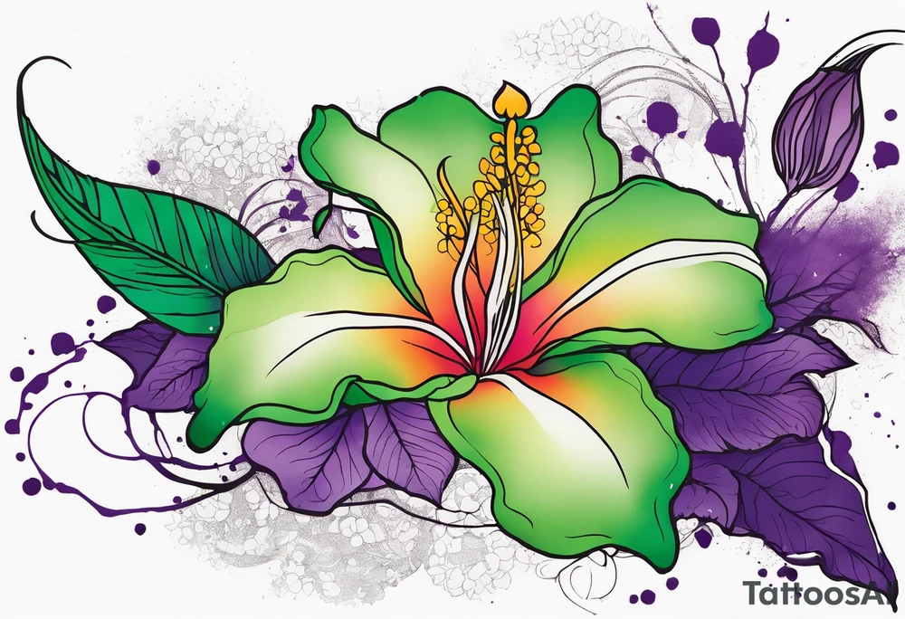 A mystical outline of a rio dipladenia flower and a green/purple watercolor splatter in the background tattoo idea