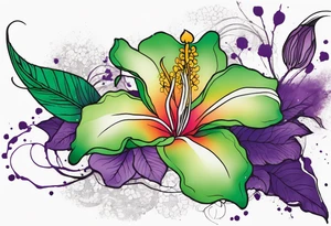 A mystical outline of a rio dipladenia flower and a green/purple watercolor splatter in the background tattoo idea