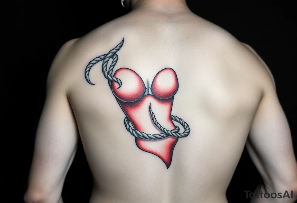 female nude sex slave, wearing red latex catsuit and latex mask, wrapped in rope hip sized tattoo idea
