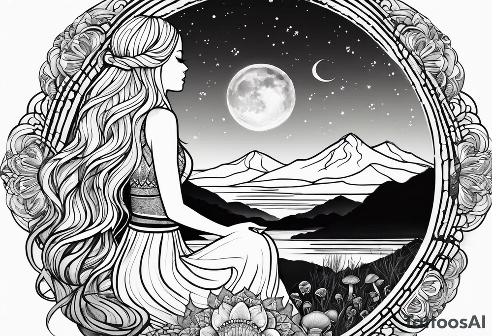Straight blonde hair girl meditating facing away toward mountains surrounded by mushrooms crescent moon mandala circular design black and white striped dress tattoo idea