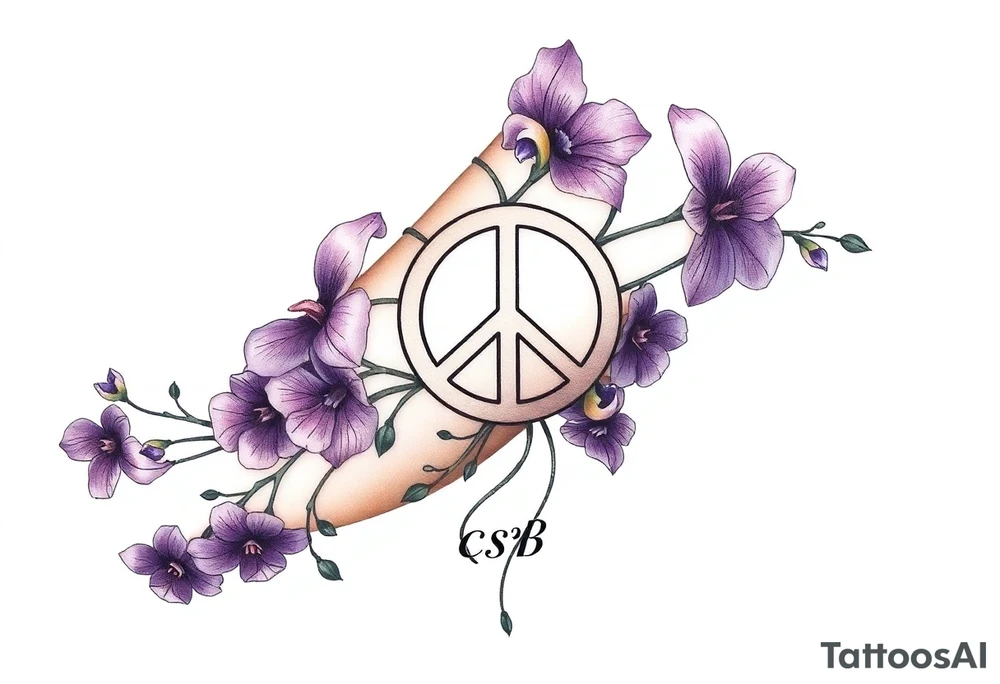 Intertwined Violets, peace symbol, Pisces symbol, dog prints, amethyst, initials csb in cursive font tattoo idea