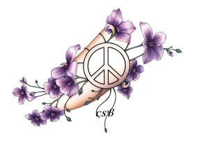 Intertwined Violets, peace symbol, Pisces symbol, dog prints, amethyst, initials csb in cursive font tattoo idea