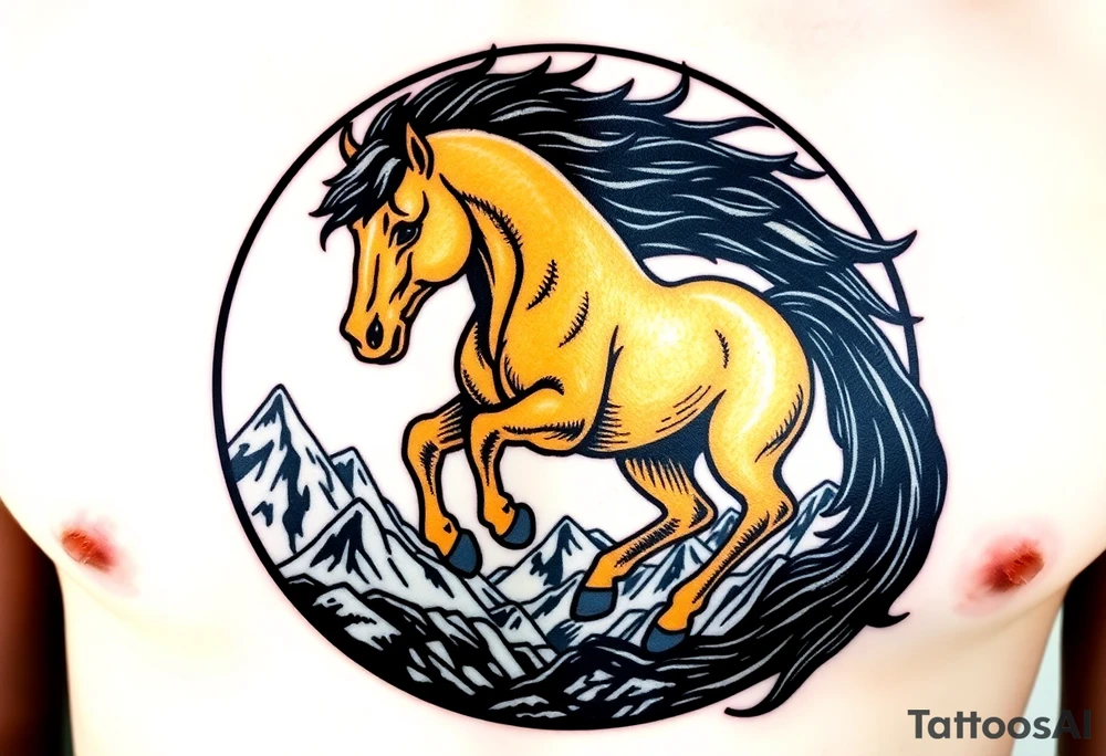 A golden mustang horse with black mane and legs, captured in motion inside a circle. The mountains and nature should frame the design, blending with the horse's black fur as a base to represent the landscape. Experiment with using the black fur to shape the mountains, playing with edges or interior details. tattoo idea
