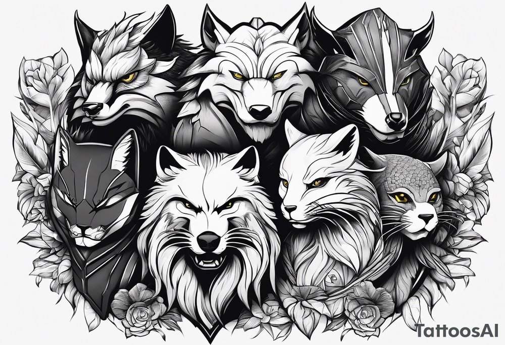a super hero team which is combination of animals.
One is Badger/Wolverine One is Bull One is Wolf One is Axolotl One is Canary One is Lizard One is Cat tattoo idea