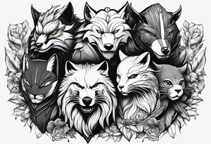 a super hero team which is combination of animals.
One is Badger/Wolverine One is Bull One is Wolf One is Axolotl One is Canary One is Lizard One is Cat tattoo idea