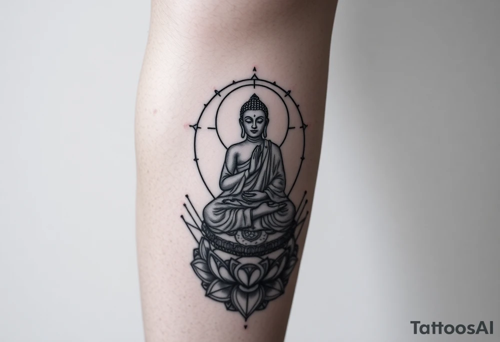 full leg tattoo with buddha above knee, using sacred geometry and space themes tattoo idea