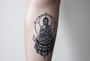 full leg tattoo with buddha above knee, using sacred geometry and space themes tattoo idea