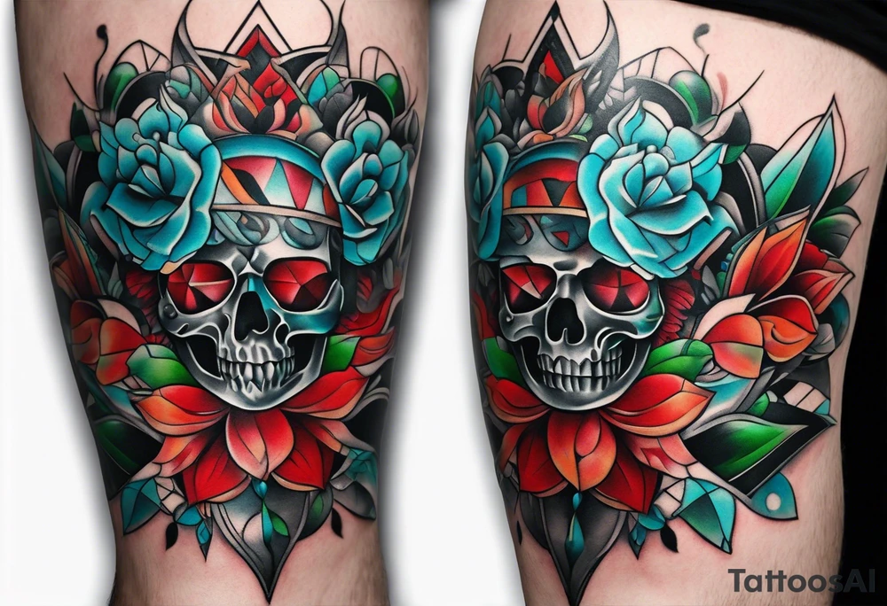 knee piece for men with minimal red and green and baby blue color accents tattoo idea