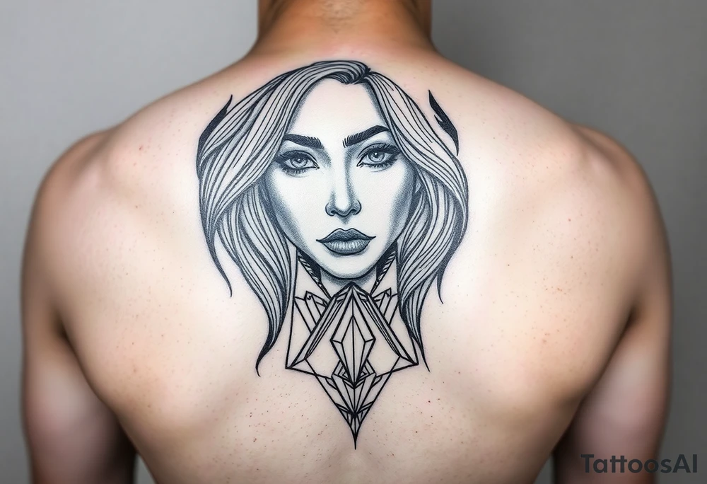 I want a portrait of Ryan Ashelys (the female tattoo artist) face in line work style black. Geometric  with the middle bottom going down to a point towards my middle finger tattoo idea