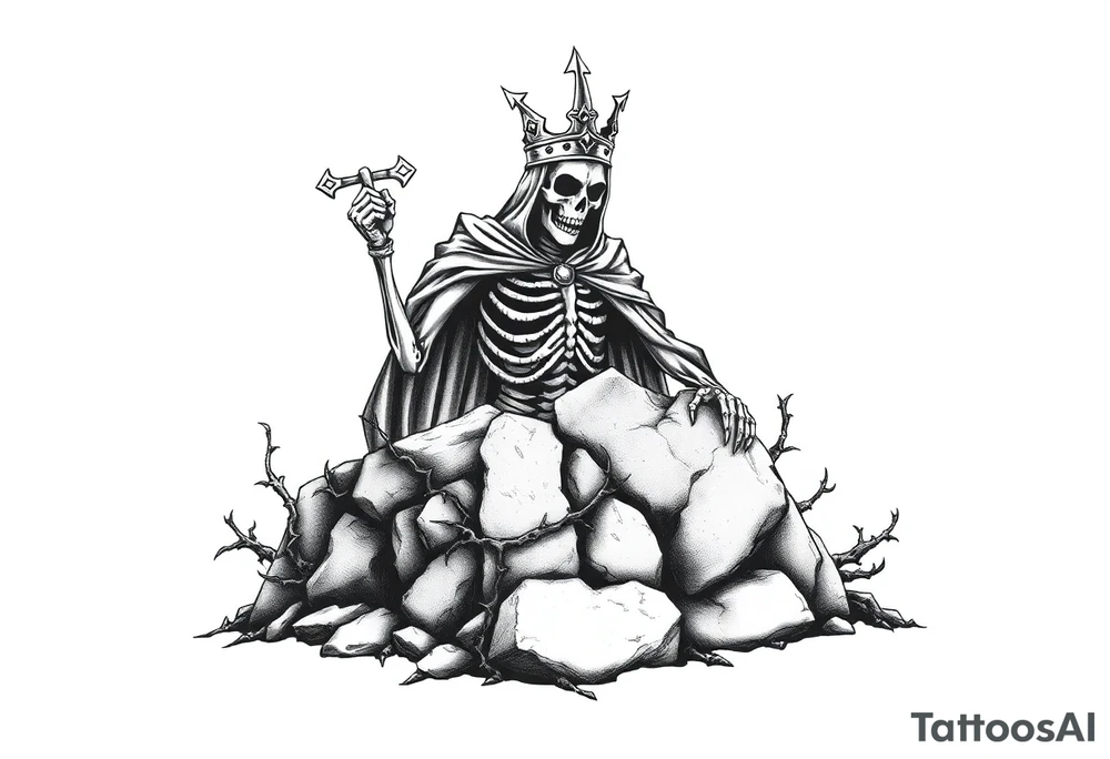 A crowned skeletal warrior rising from a stone barrow, cloaked in shadows and thorns. tattoo idea