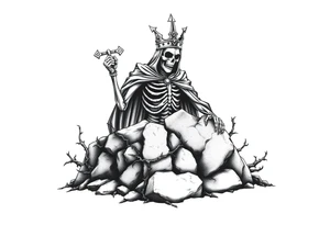A crowned skeletal warrior rising from a stone barrow, cloaked in shadows and thorns. tattoo idea
