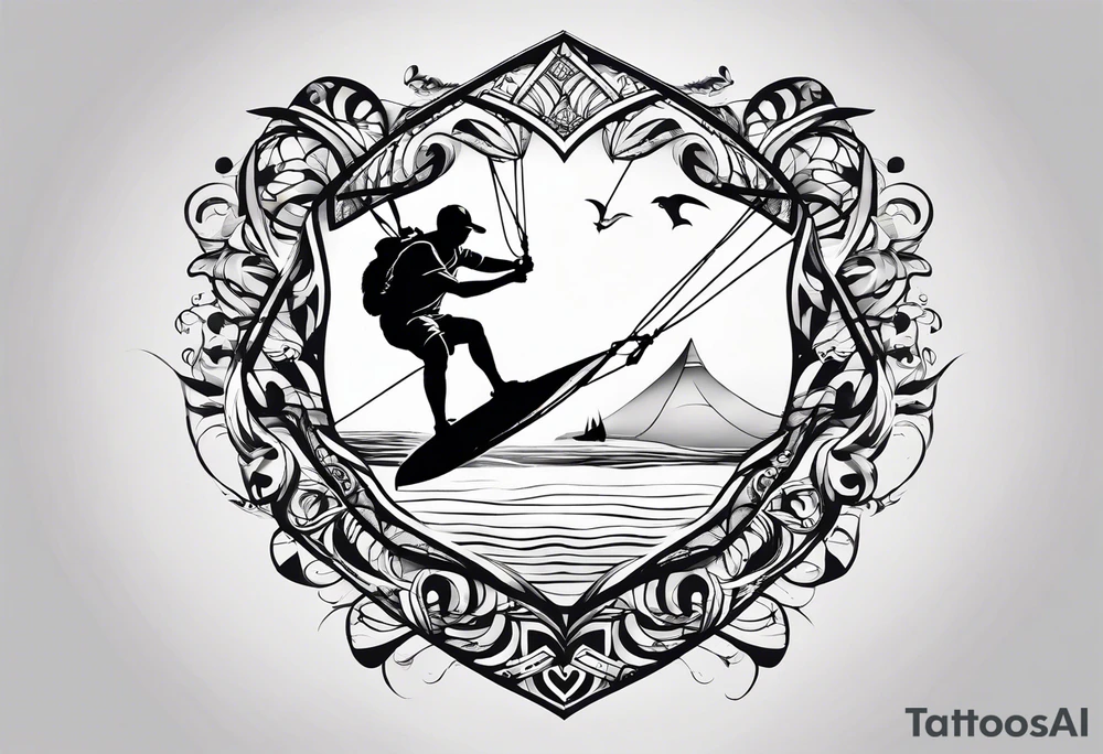 I want a very thin tattoo of a kitesurfer with a heart-shaped sail inflated by the wind. tattoo idea