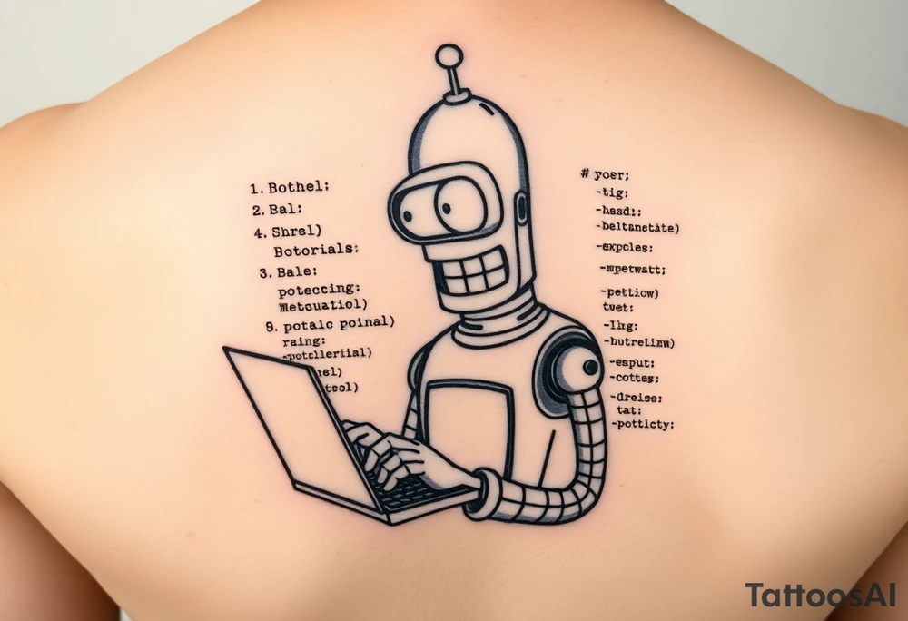 Tattoo design of a humorous robot inspired by Bender from Futurama, holding a laptop or typing on a keyboard, surrounded by lines of code in a programming language like C#. tattoo idea