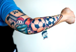 Childhood memories of a book, a bucket and spade, a football, a cricket bat, a cartoon of Dennis the Menace from the Beano comic, and the American Idiot symbol tattoo idea