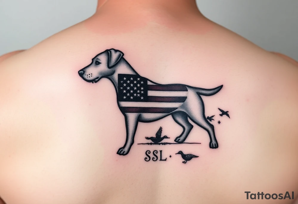 Small Hunting tattoo featuring a small upland dog silhouette, Italian and American flag, SSL initials, with some ducks in sky tattoo idea