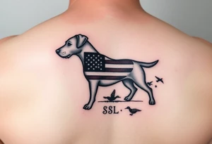 Small Hunting tattoo featuring a small upland dog silhouette, Italian and American flag, SSL initials, with some ducks in sky tattoo idea