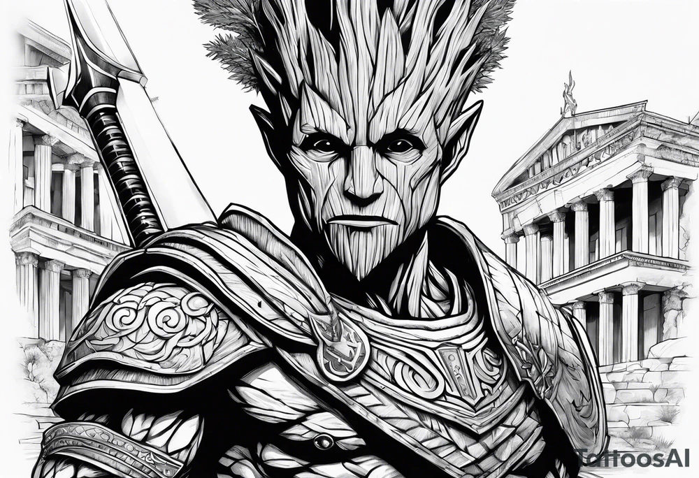 Groot greek warrior, half viewed with sword, knight, buildings are behind tattoo idea