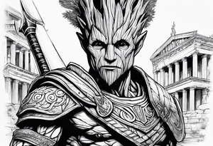 Groot greek warrior, half viewed with sword, knight, buildings are behind tattoo idea