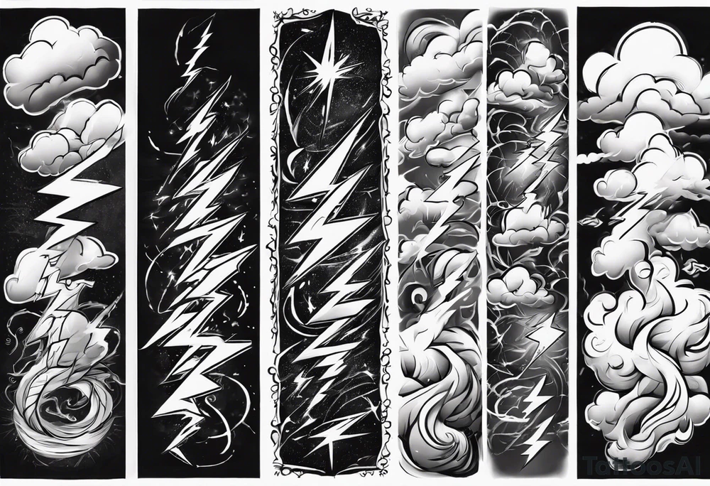 forearm sleeve lightning and clouds pattern tattoo idea