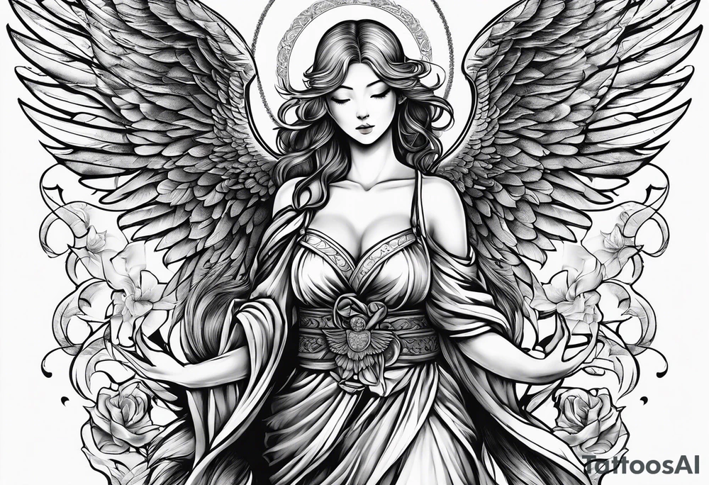 Right wing of an angel wrapping the nam written in gothic letters. tattoo idea