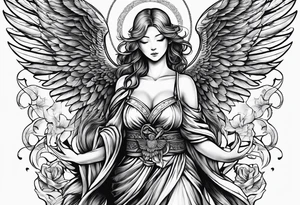 Right wing of an angel wrapping the nam written in gothic letters. tattoo idea
