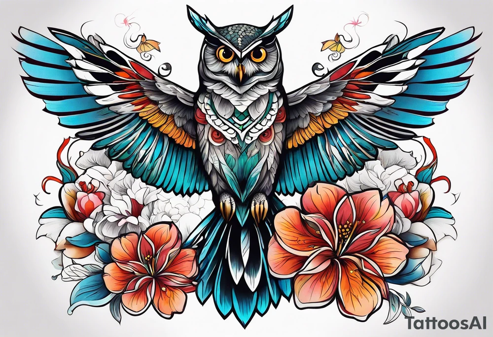 Owl, hummingbird, flowers tattoo idea