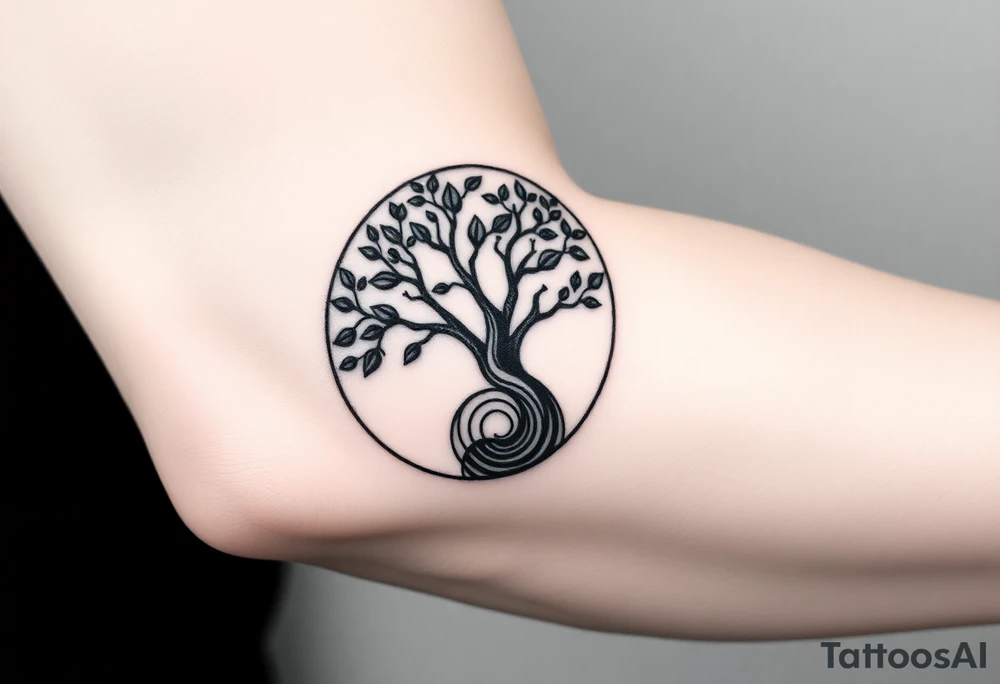 Tree with few leaves, encircled in a circle, with a SPIRAL line starting from the left side of tree and spiraling outward in a clockwise direction tattoo idea