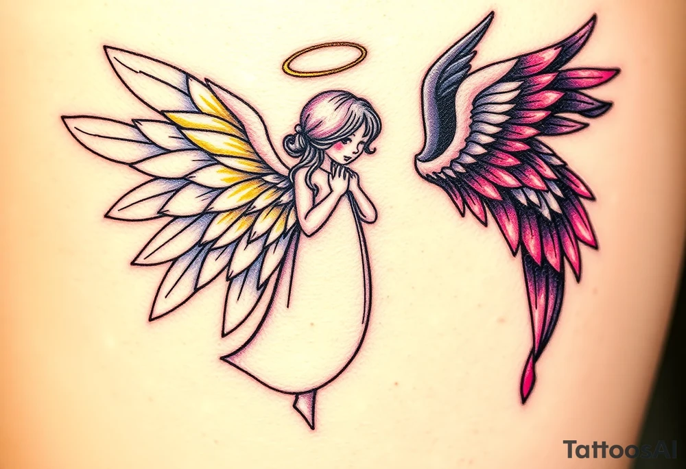 angel, with brilliant white wings that shine with golden accents standing against fallen angel, whose wings are tattered and darkened with deep purples, reds, and blacks, dripping with sorrowful tears of blood. tattoo idea