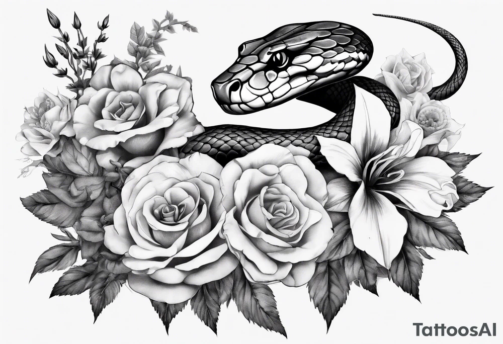 Snake wrapping around flowers tattoo idea
