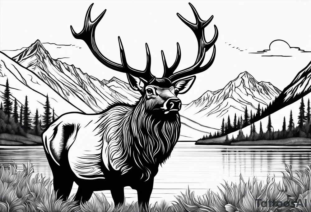 elk with mountains and lake tattoo idea