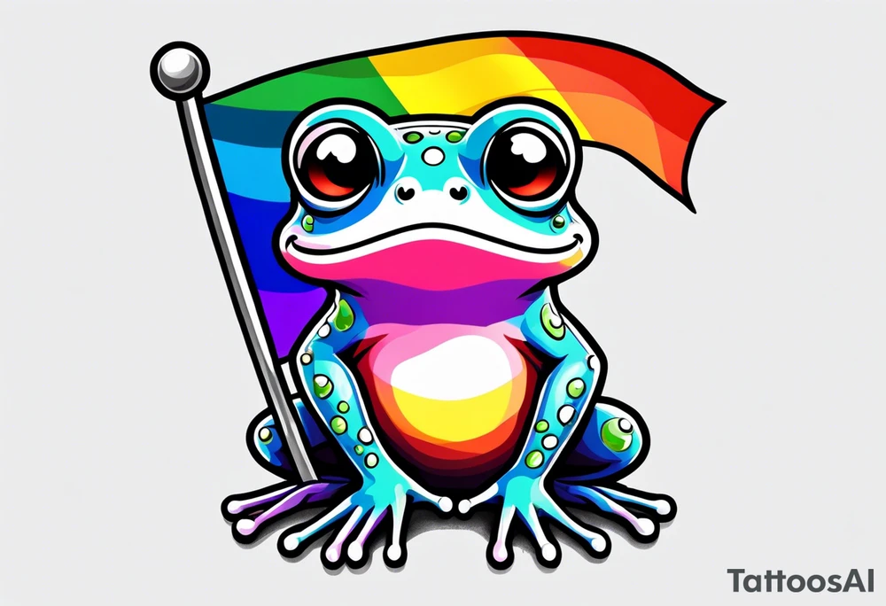 Cute small frog holding rainbow flag tattoo idea